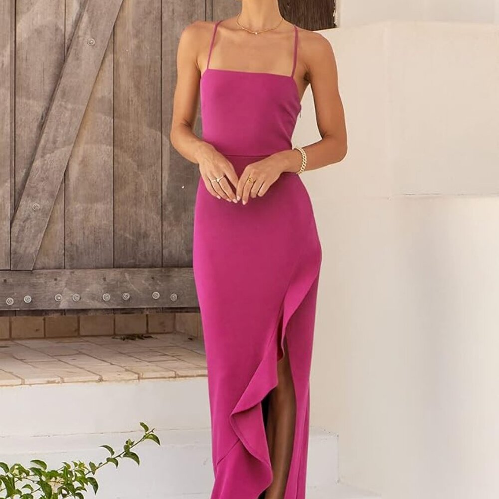 Elegant Formal Wedding Guest Maxi Dress with Ruffle Trim, Pink, XL - Picture 4 of 5